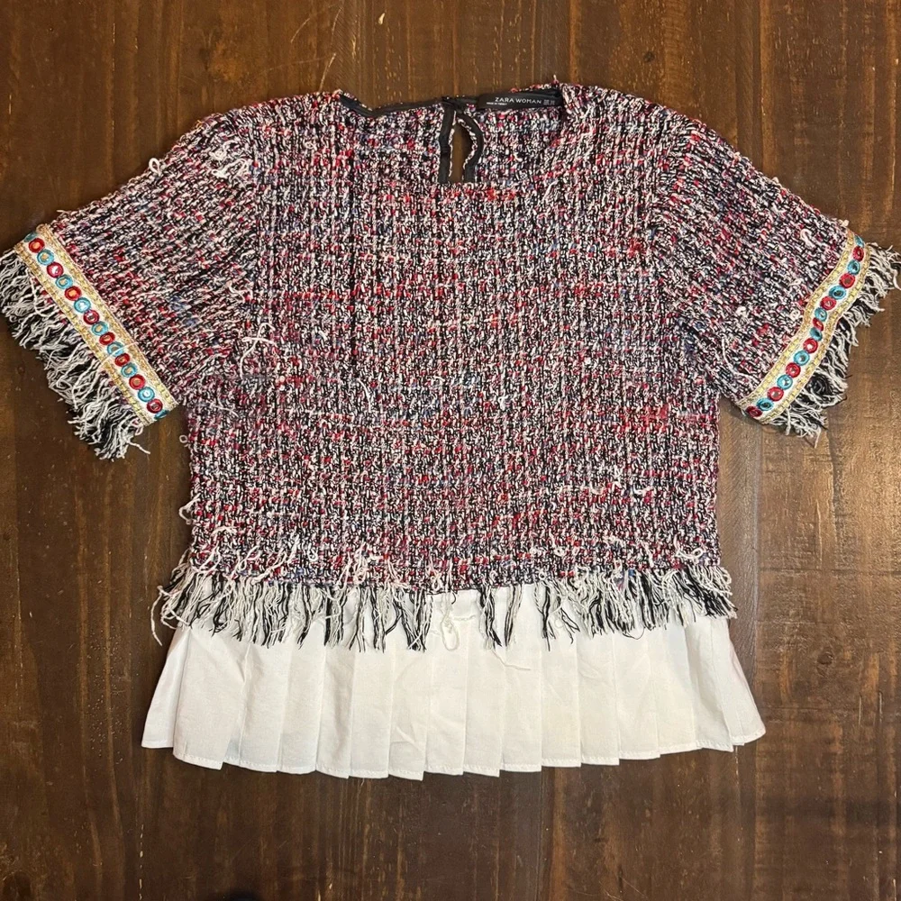Zara Tweed Top with Pleated Detail Fringe Size XSmall